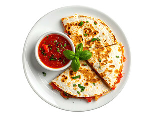A quesadilla, sliced, served with salsa and herbs