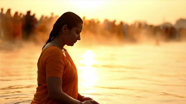 Devotee performing sacred sunrise ablutions during the auspicious maha kumbha mela reflecting spiritual devotion and purity