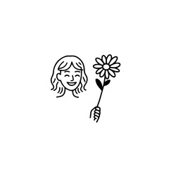 Black and white vector illustration of a beautiful woman holding a flower, minimal clean line art style