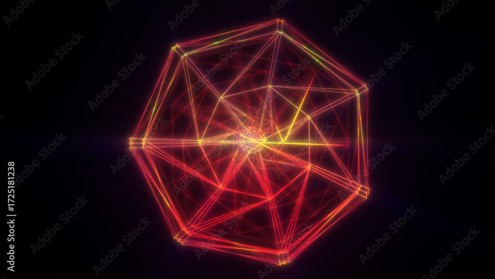 Poster abstract geometric pattern with neon light lines forming a glowing 3d structure against a dark backg