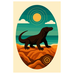 Komodo Dragon on Red Dunes — Indonesia Savannah & Desert Landscape, Oval Retro Vector