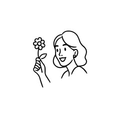 Black and white vector illustration of a beautiful woman holding a flower, minimal clean line art style