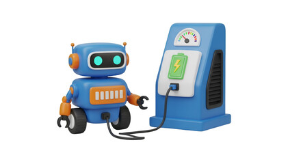 Cute blue robot charging at a futuristic station