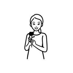 Black and white vector illustration of a beautiful woman holding a flower, minimal clean line art style