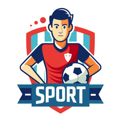 Cartoon style soccer player with a soccer ball emblem