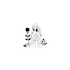 Black and white vector illustration of a beautiful woman holding a flower, minimal clean line art style