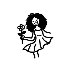 Black and white vector illustration of a beautiful woman holding a flower, minimal clean line art style