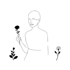 Black and white vector illustration of a beautiful woman holding a flower, minimal clean line art style