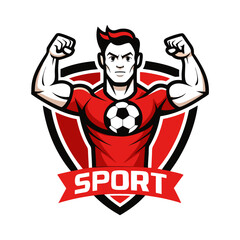 Cartoon style soccer player mascot flexing strong muscles