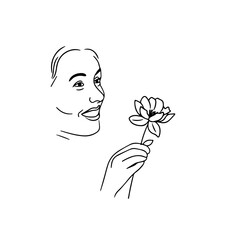 Black and white vector illustration of a beautiful woman holding a flower, minimal clean line art style
