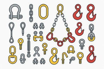 Fototapeta premium Diverse collection of industrial lifting equipment including various hooks, links, and chains displayed artistically in a flat design highlighting essential tools for professionals in