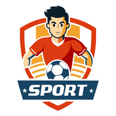 A modern cartoon-style sports emblem with soccer player