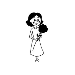 Black and white vector illustration of a beautiful woman holding a flower, minimal clean line art style
