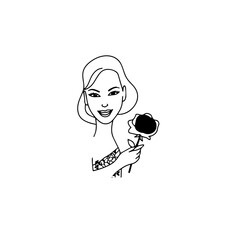 Black and white vector illustration of a beautiful woman holding a flower, minimal clean line art style
