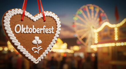 Oktoberfest Gingerbread Heart with Ferris Wheel in Background.