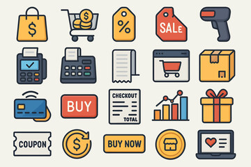 E-commerce and Retail Shopping Icons Flat Color Vector Graphics