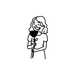 Black and white vector illustration of a beautiful woman holding a flower, minimal clean line art style
