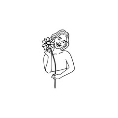 Black and white vector illustration of a beautiful woman holding a flower, minimal clean line art style
