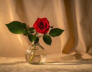 Single Red Rose in Vase on Beige Background.