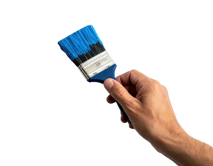 Close-up of a hand holding a paintbrush with blue bristles