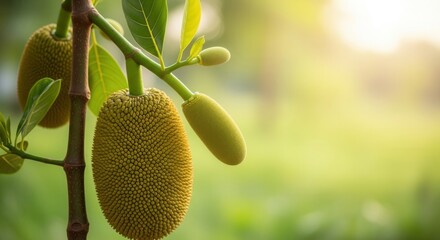 Close-up of jackfruit on a tree with a bright bokeh background providing a natural vibe