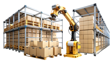 Automated Warehouse with Robotic Arm and Palletized Boxes cutout png isolated on a transparent background
