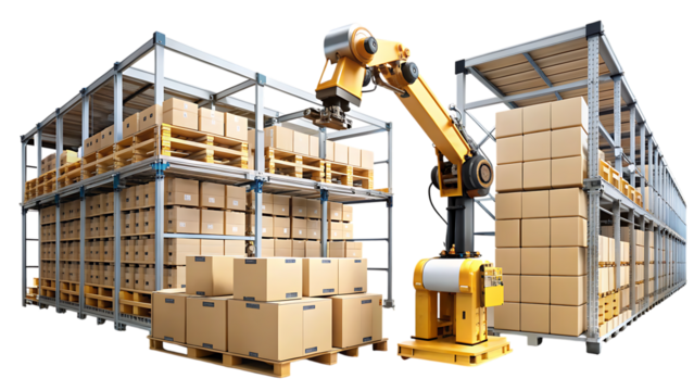 Automated Warehouse with Robotic Arm and Palletized Boxes cutout png isolated on a transparent background - Powered by Adobe