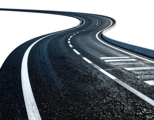 Winding asphalt road with white lines and a curb, against a black background
