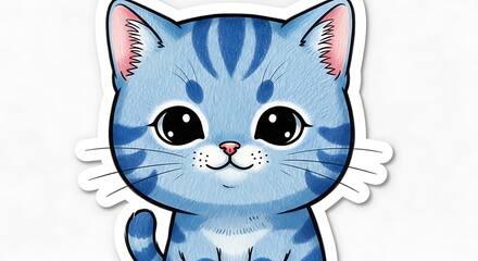 Cute Blue Striped Cat Cartoon with Big Eyes on White
