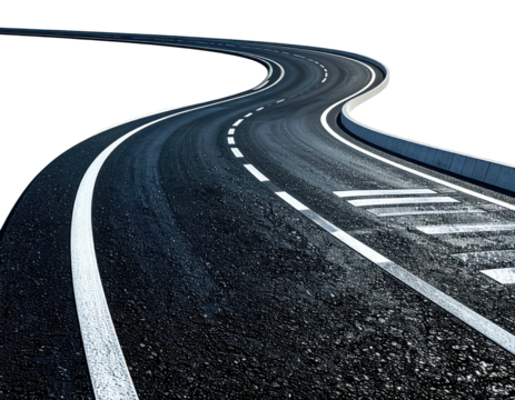 Winding asphalt road with white lines and a curb, against a black background