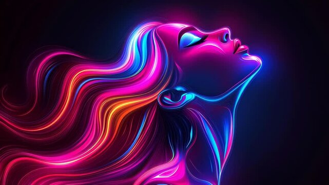Vibrant digital art showcasing a woman with colorful flowing hair against a dark background