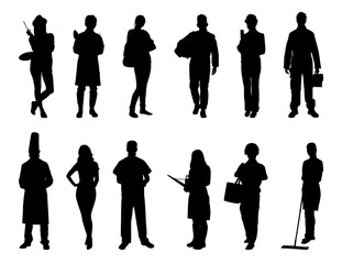 People with various occupations professions standing together in row vector flat black silhouettes set collection.