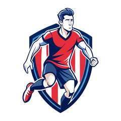 Cartoon soccer player running with shield background graphic design