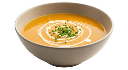 Isolated bowl of butternut squash soup with cream swirl and chives, ready to eat