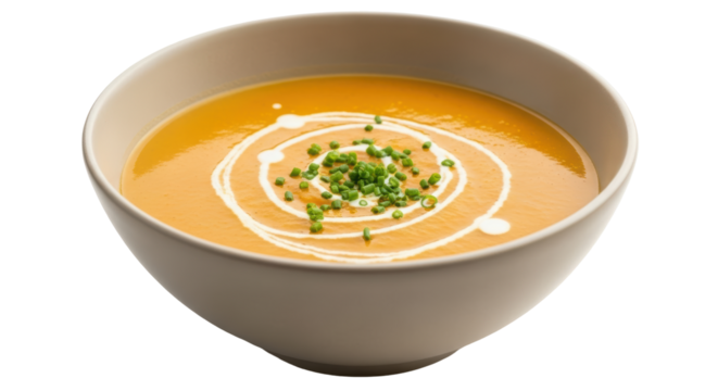 Isolated bowl of butternut squash soup with cream swirl and chives, ready to eat