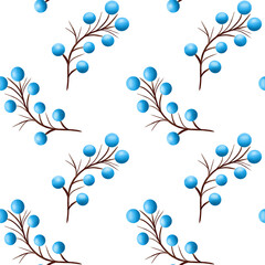 Beautiful blue berries on branches seamless floral botanical pattern. Digital watercolor hand drawn. For fabric, textiles, wrappers, covers, women, girls, accessories, gifts