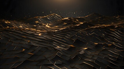 Black and gold abstract metallic landscape, futuristic 3d luxury surface, elegant geometric wave texture, premium dark design background
