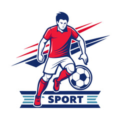 Dynamic soccer player dribbling ball, flat vector illustration