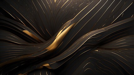 Black and gold abstract metallic landscape, futuristic 3d luxury surface, elegant geometric wave texture, premium dark design background
