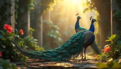 Two Majestic Peacock Birds Walking on Stone Path in Sunny Garden