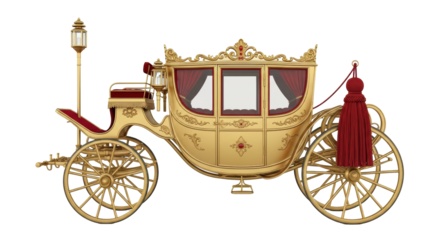 Isolated golden royal carriage for fairy tale Cinderella or princess, coach, no people