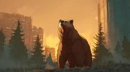 A bear with an urban cityscape behind it.