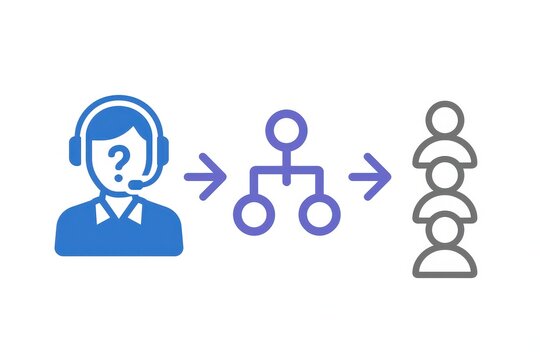 Visual representation of a customer service agent connected to a flowchart showing interactions with multiple clients revealing complex communication networks and operational efficiency in a
