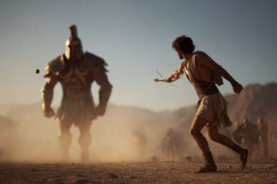 David throwing a stone at Goliath.