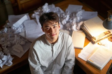 A young Korean man sitting at a desk, surrounded by crumpled papers and exam books.