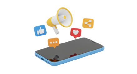 Isolated smartphone with social media notification icons around it for online marketing