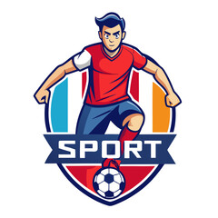 Cartoon soccer player emblem with ball and banner graphic