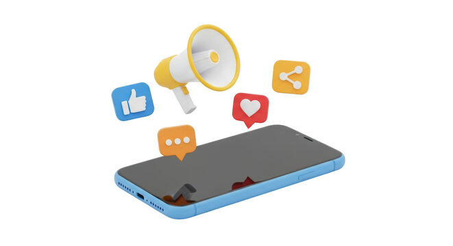 Isolated smartphone with social media notification icons around it for online marketing