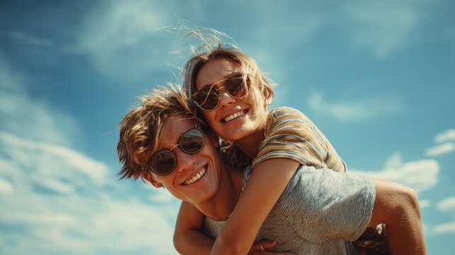 A young man is piggybacking his girlfriend on a summer day.