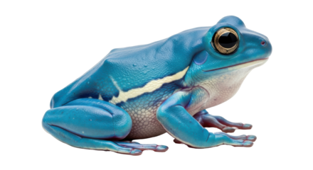 Isolated blue amphibian sitting quietly with colorful skin and large eyes on light backdrop